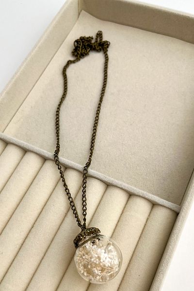 Modex Glass Bell Jar - White Dried Flower Patterned Necklace