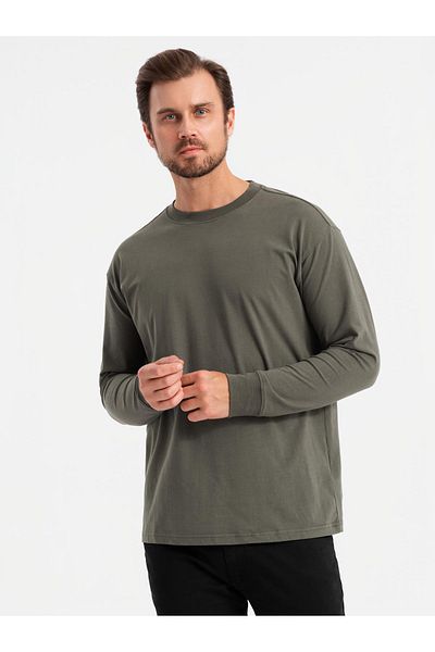OMBRE Pánský bavlněný LOOSE FIT dlouhý rukáv s kulatým výstřihem - šedozelený V3 OM-LSBC-0129 XXL