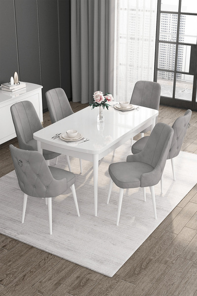 Canisa Concept Noa Serisi 80x132 Açılabilir Mdf Beyaz Masa Takımı Ve Gümüş Halkalı 6 Gri Sandalye