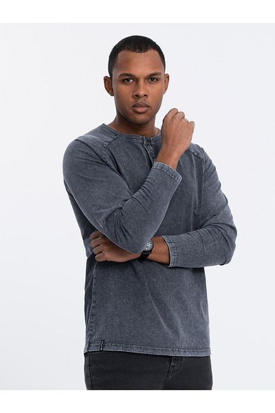 OMBRE Pánský praný henley dlouhý rukáv s raglánovými rukávy - tmavě modrý V2 OM-LSWL-22FW-001 M