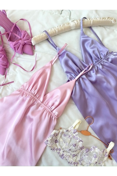 Feruzdesign Kadın Pembe Merilda Saten Gecelik Elbise