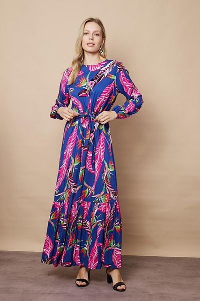 Jument Indigo Floral Print - Rochie de damă cu decolteu și talie cu șireturi