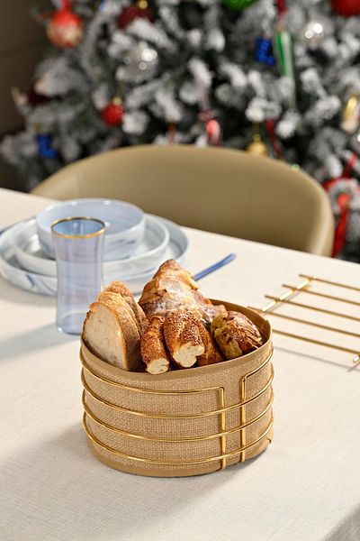Edora Home Round Bread Basket with Colorful Presentation - Jute Brown Fabric, Multi-Purpose Metal Rust