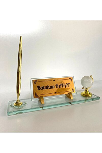 Suba Kristal Masa Üstü Cam Isimlik Kalem Ve Dünya Aksesuarlı Şeffaf Hediye Se...