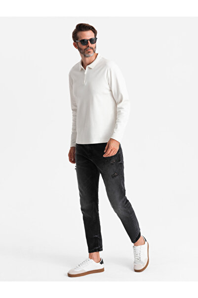 OMBRE Ανδρικό μακρυμάνικο πόλο με γιακά με φερμουάρ - λευκό V1 OM-POLS-0130 M