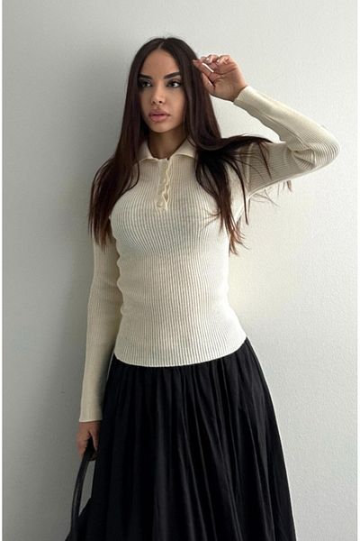 fujya Basic Polo Neck Ecru Knitwear Women's Sweater - Buttoned