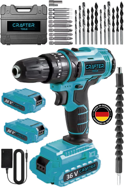 CRAFTERTOOLS Germany 36V 5Ah Darbeli Çelik Şanzuman 24 Parça Bakır Sargılı Çift Akülü Vidalama Şarjlı Matkap
