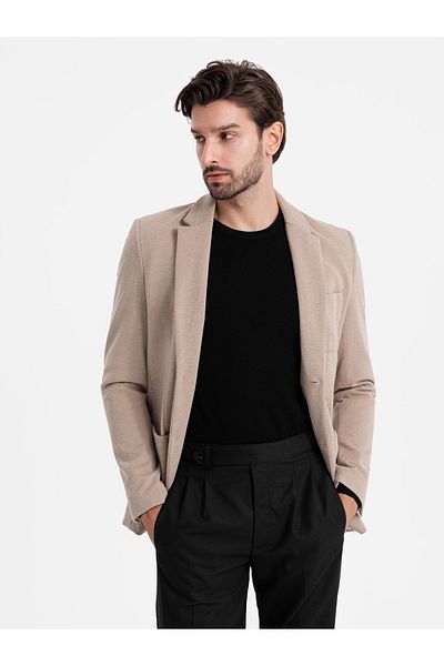 OMBRE Eleganter taillierter Herren-Blazer aus Strukturstrick - beige V2 OM-BLZB-0129 XL