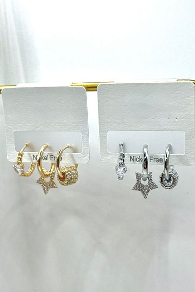 DEMOKAN Women's Earrings Imported Special Series 3 Star Charm Small Zircon Heart Stone Non Tarnish Earrings