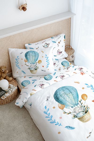 Tuğba Kuğu Single Duvet Cover Set (160X220) - for Baby Series - Elephant in Blue Balloon
