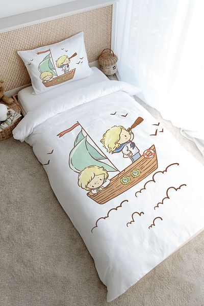 Tuğba Kuğu Single Pure Baby Duvet Cover Set - Cute Captain and Shipboy (160X220)