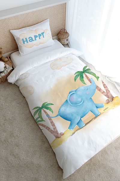 Tuğba Kuğu Single Duvet Cover Set (160X220) - Pure Baby Series - Cute Elephant