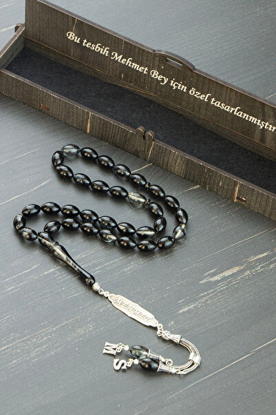 Tesbih Otağı Gümüş İsimli ve Harfli Siyah Şeffaf Ateş Kehribar Tesbih | Soru&...