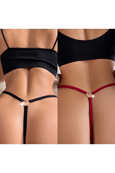 Maly Love Kadın 2li Paket Siyah ve Bordo Dantel Kalp Detaylı Tanga String İç Giyim