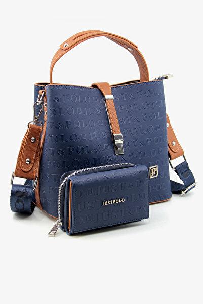Just Polo حقيبة كتف نسائية ومحفظة مطبوعة للموسم الجديد باللون الأزرق الداكن م...