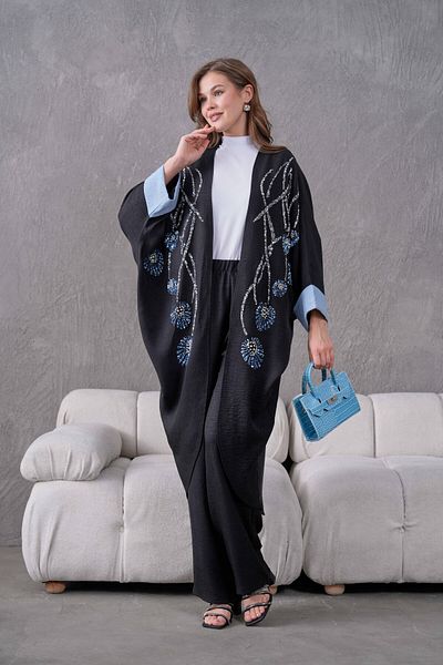 Miss Allos Set de kimono și pantaloni de in pentru femei, cu paiete în față, brodate cu piatră și perle