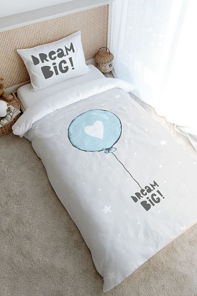 Tuğba Kuğu Single Duvet Cover Set (160X220) - Pure Baby Series - Blue Heart Balloon