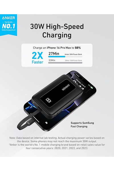 Anker Zolo Power Bank, 10,000mAh, 30W Powe Bank with Built-In USB-C Cable, Black