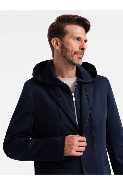 OMBRE Pánský blejzr s odepínatelnou podšívkou a kapucí - tmavě modrá V2 OM-BLZB-0126 XL