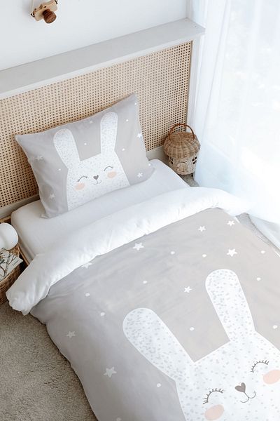 Tuğba Kuğu Pure Baby White Rabbit Duvet Cover Set with Gray Background - 160X220