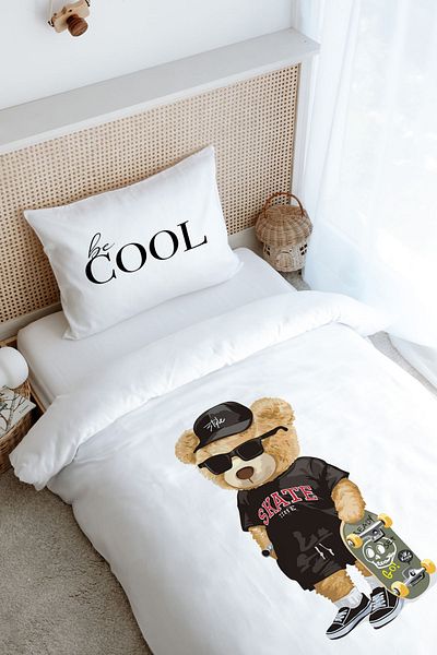 Tuğba Kuğu Single Duvet Cover Set (160X220) - Pure Baby Series - Teddy Bear with Skateboard