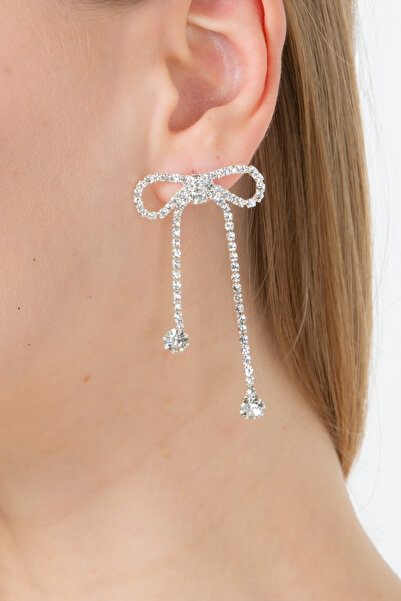 Furtek Aksesuar Kadın Minimal Fiyonk Model Sallantılı Zirkon Taşlı Küpe Trend Zarif Düğün Nişan Parıltılı