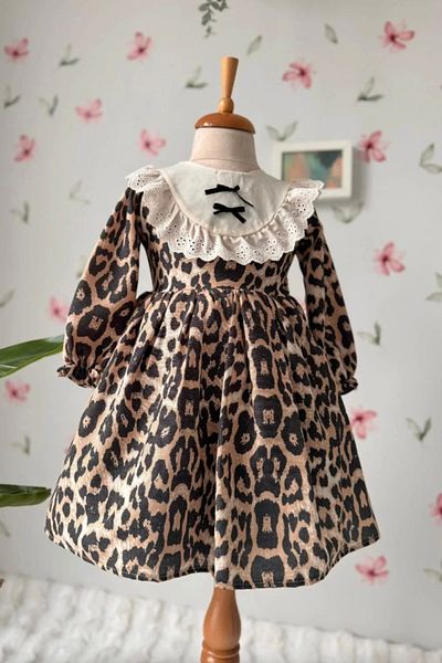 Kidmark Çocuk Modası Girl's Leopard Print Baby Collar Dress