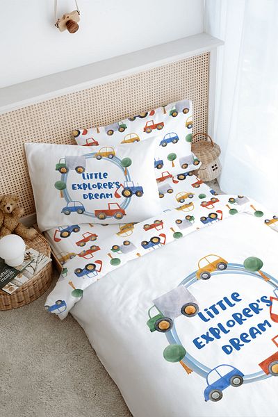 Tuğba Kuğu Single Duvet Cover Set (160X220) - for Baby Series - Cars in Blue Circle