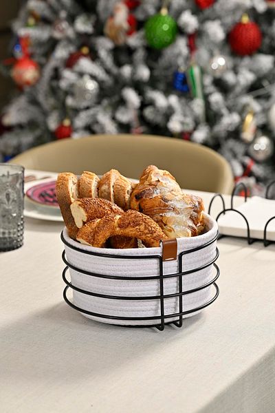Edora Home Stylish Round Bread Basket - Black Matte, White Wicker, Macrame, Stainless Metal - Multi-Purpose