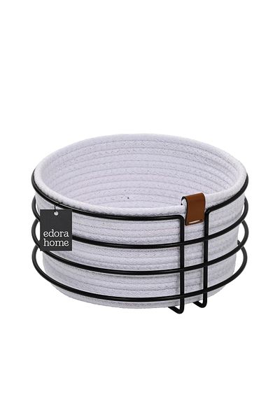 Edora Home Stylish Round Bread Basket - Black Matte, White Wicker, Macrame, Stainless Metal - Multi-Purpose