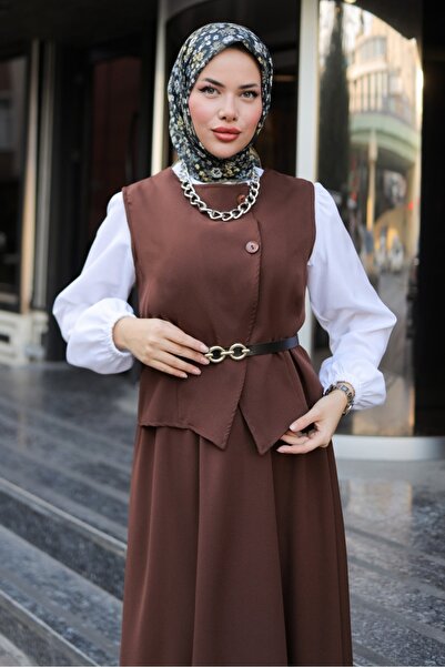 Bestenur Bitter Brown Asile Vest and Skirt Set - 1341