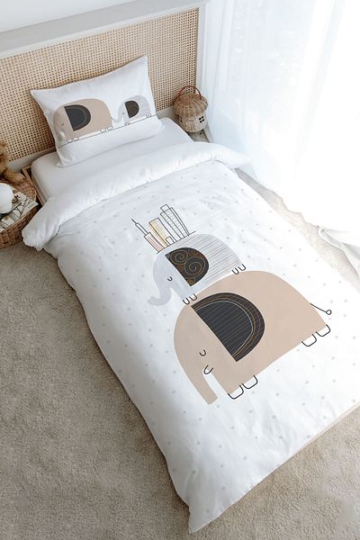 Tuğba Kuğu Pure Baby Series Single Duvet Cover Set - Elephants and Houses (160X220)