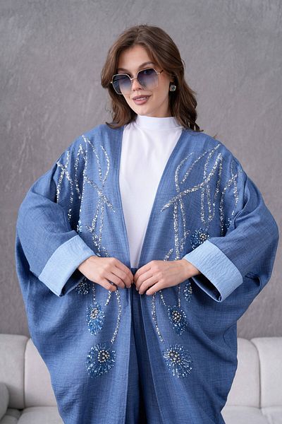 Miss Allos Women's Front Sequin Sequin Embroidered Stone and Pearl Detailed Linen Kimono and Trousers Bottom Top Set