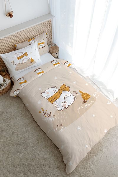 Tuğba Kuğu Single Duvet Cover Set for Baby Series - Brown Scarf Bear Pattern (160X220)