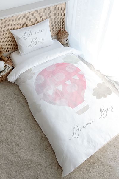 Tuğba Kuğu Single Duvet Cover Set (160X220) - Pure Baby Series - Cloudy Pink Air Balloon