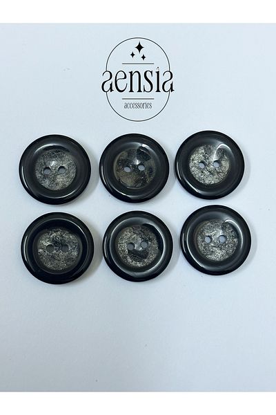 aensia Black Glitter Inside Two Holes Polyester 2.29 cm Trench Coat Jacket Coat Button - Pack of 6