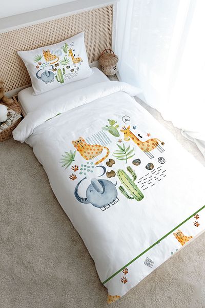 Tuğba Kuğu Iconic Series Single Duvet Cover Set - Cactus and Cute Animals
