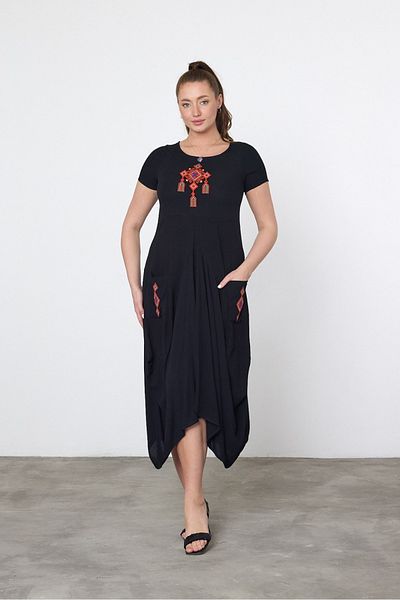 AYASOFYA OTANTIK Rochie boemă țesătă din bumbac viscoză, neagră, cu broderie autentică, cu buzunar