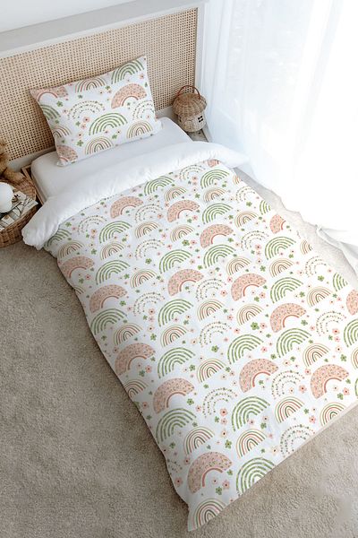 Tuğba Kuğu Single Iconic Series Duvet Cover Set - Soft Floral Moon and Rainbow (160X220)