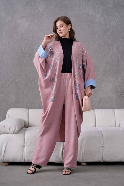 Miss Allos Women's Front Sequin Sequin Embroidered Stone and Pearl Detailed Linen Kimono and Trousers Bottom Top Set
