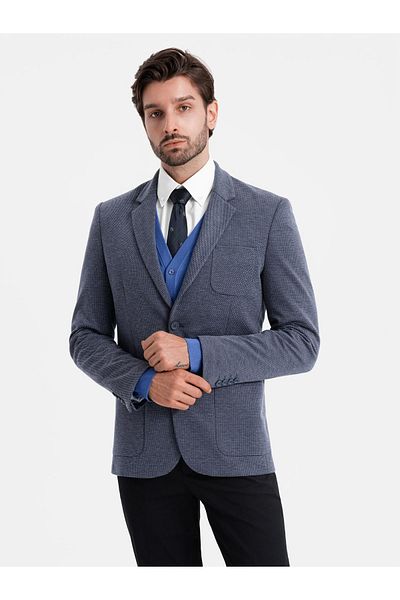 OMBRE Taillierter eleganter Herren Blazer aus Strukturstrick - Marineblau V1 OM-BLZB-0129 XXL