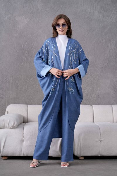 Miss Allos Women's Front Sequin Sequin Embroidered Stone and Pearl Detailed Linen Kimono and Trousers Bottom Top Set