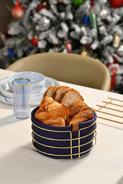 Edora Home Stylish Navy Blue Wicker Knitted - Gold Round Bread Basket, Macrame, Multi-Purpose Metal Stainless