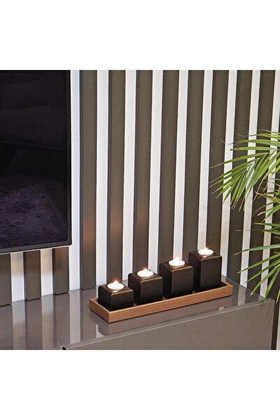 Tekir Store Ahşap 4 'lü Dekoratif Mumluk Rustik Lake Boyalı Şamdan