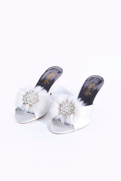 Lunoche Nightwear Ecru Feather Stone Women's Dowry Slippers Stylish Daily House Slippers Ornate Dowry Birth Guest Bridal Slippers