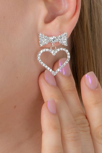 Furtek Aksesuar Women's Bow Tie Heart Model Minimal Zircon Stone Earrings Model Engagement Trend Elegant Bijouterie