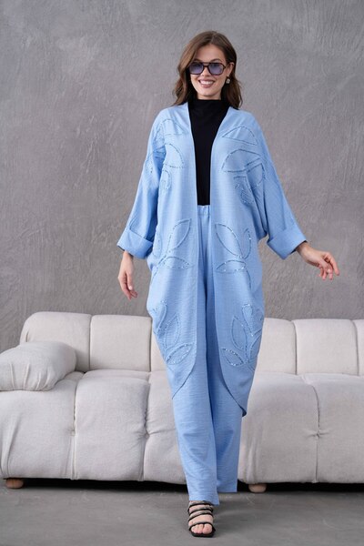 Miss Allos Women's Front Sequin Sequin Embroidered Linen Kimono and Pants Bottom Top Suit
