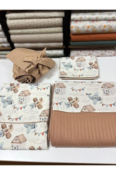 GAYE EV TEKSTİLİ Airplane Patterned Single Person ̇K ̇K Pi ̇K Quilt Set - 100% Cotton, Oeko-Tex Serti ̇Fi ̇Kali