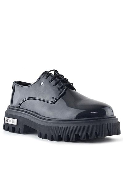 Rakerplus Black Patent Leather Lace-up Oxford Casual Shoes with Metal Detail