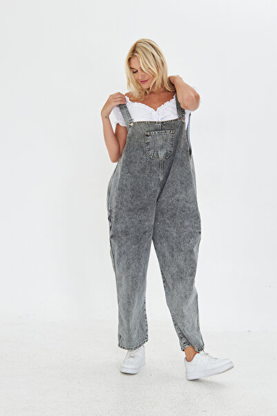 Kutaf Anthracite Adjustable Strap Oversize Cut Denim Salopet with Pockets